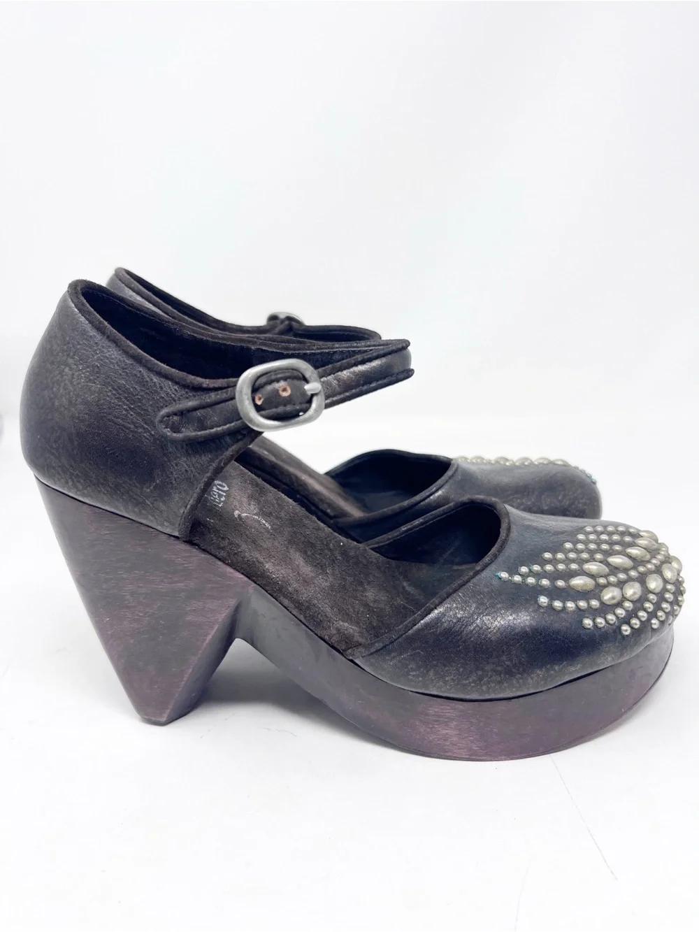 CALLEEN CORDERO BROWN LEATHER STUDDED ROIND TOE WOODEN PLATFORM CLOGS SHOES SZ 8